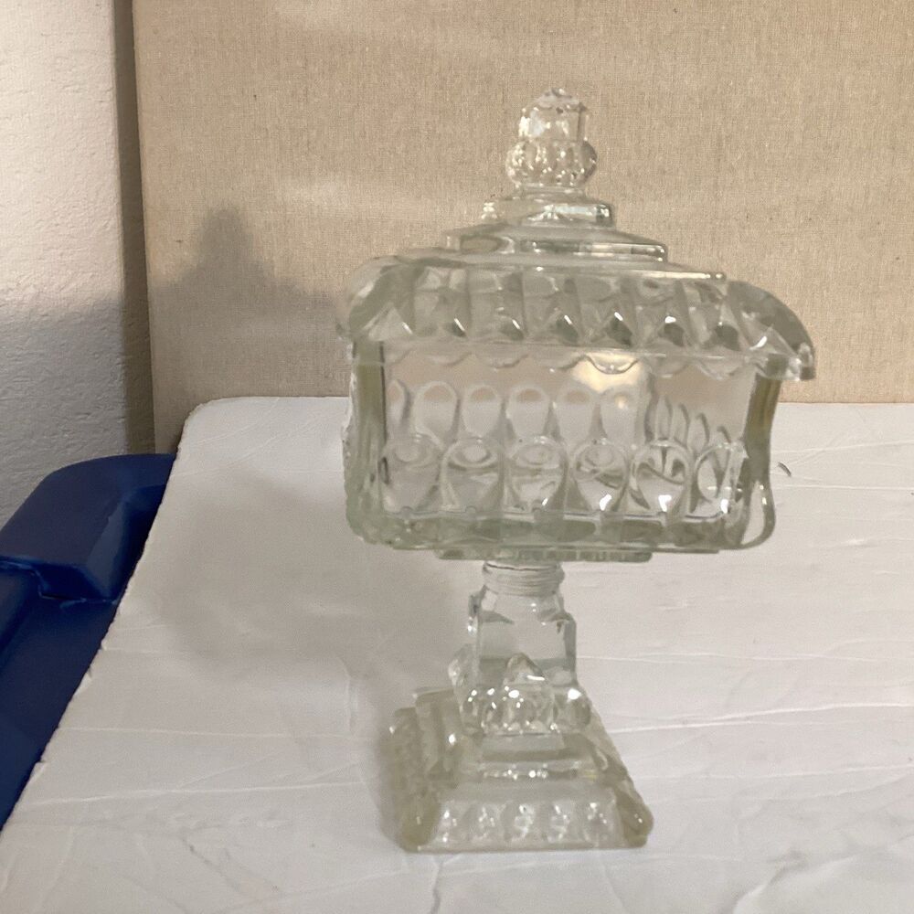 vintage Jeannette clear glass wedding box candy dish pedestal